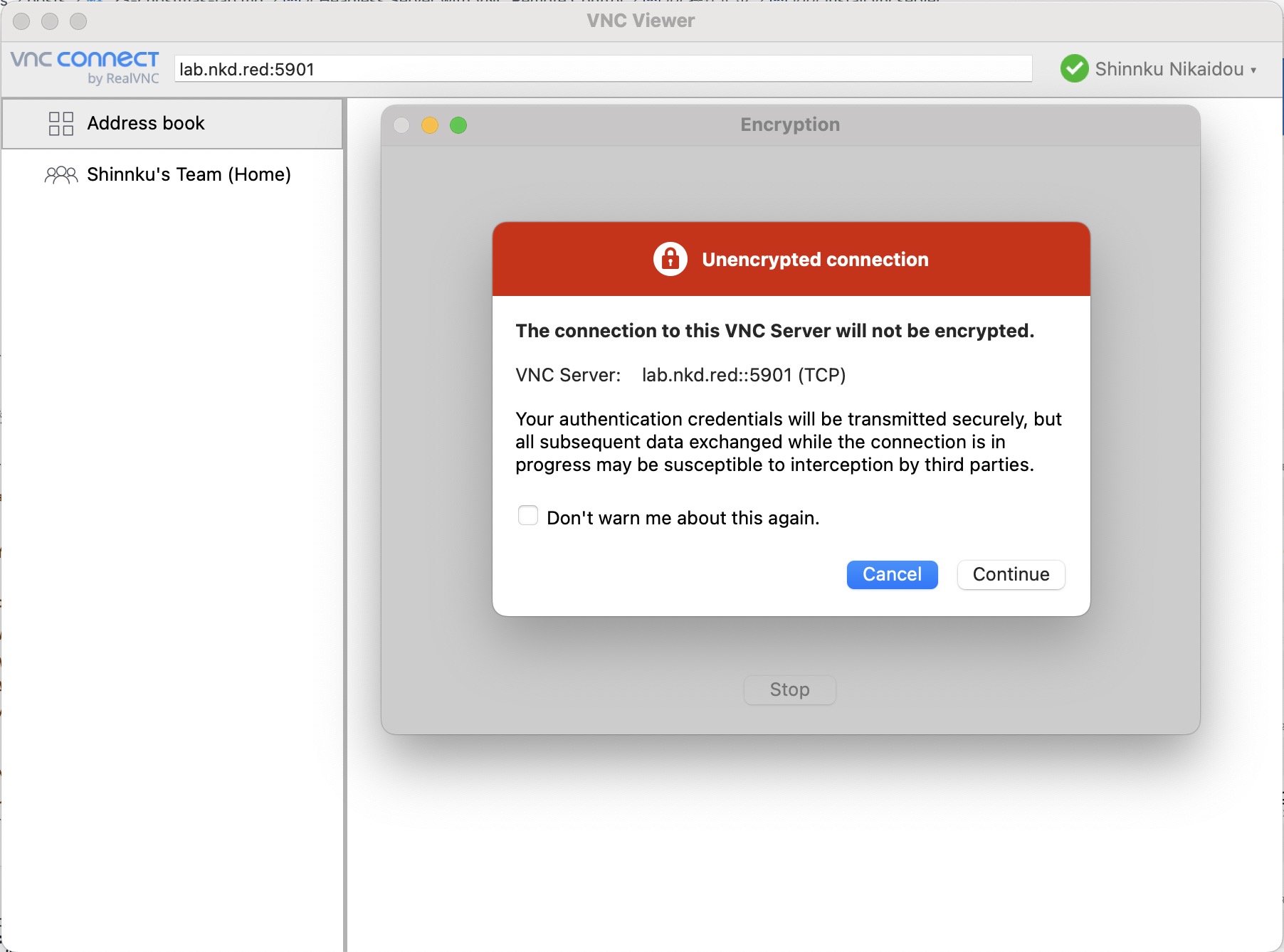 Screenshot of the VNC viewer on macOS